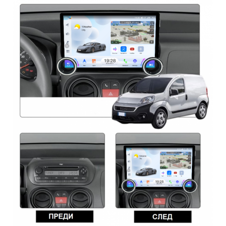 Мултимедия за Fiat Fiorino Qubo Citroen Nemo Peugeot Bipper (2008–2017) 11.5″ - 1DIN - Image 2